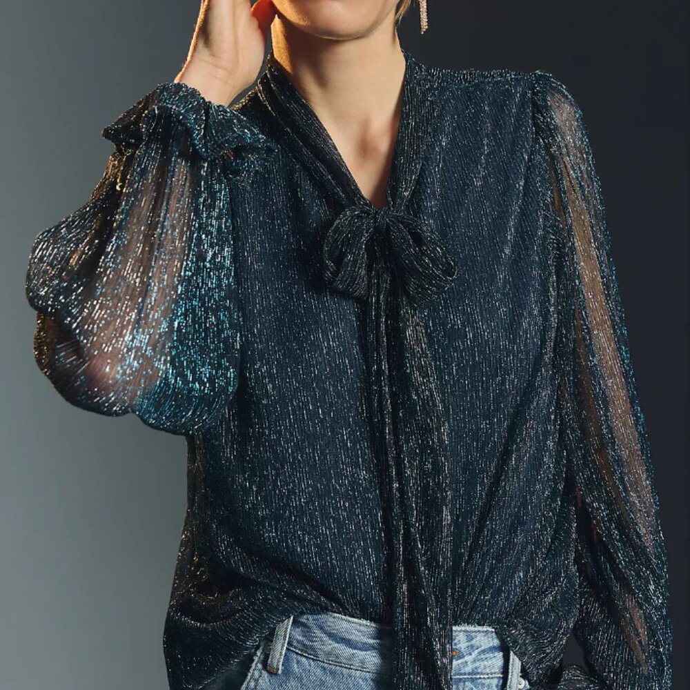 Anthropologie The Odells Tie-Neck Sparkle Blouse Womens Size Large